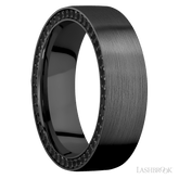 7 mm wide/Flat/Zirconium band with a Side Eternity arrangement of Round Black Diamond stones in a Bead setting